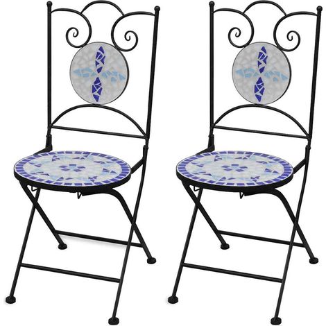 Lot de 2 Chaises Pliables de Bistro en Céramique Mosaïque Bleu et Blanc pour Jardin - PANGIVO (1/5)