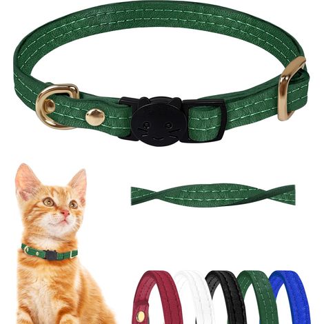 Collier Chat Anti Étranglement en Cuir d'agneau Vert Sécurité Maximale avec Boucle Amovible Design Élégant,Souple et Confortable Accessoire pour Chat