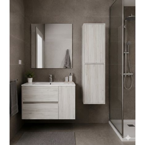 Conjunto Mueble de baño HEIMDALL ya montado 2 cajones y puerta lavabo y espejo  Blanco nordico 50x40 cm Con columna