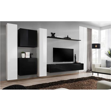Ensemble meuble TV mural  - Switch VI - 330 cm  x 180 cm x 40 cm - Blanc et noir - Livraison gratuite