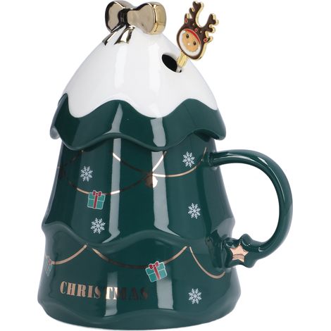 Grande tasse de Noël en céramique de 500 ml avec couvercle et cuillère, idéale pour le thé, le lait ou le café. Verte. (1/5)