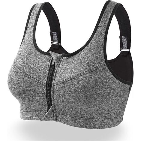 Atmungsaktiver Sport-BH mit breiten Trägern und Reißverschluss, ideal zum Laufen und Yoga, hellgraue Farbe. (1/4)