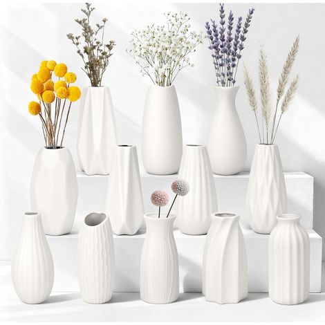 Lot de 12 Petits Vases Décoratifs - 13 cm Vase Blanc en Céramique Mate pour Herbe de la Pampa, Fleurs Séchées - Décoration Bohème Scandinave Moderne pour Intérieur, Maison et Tables de Mariage (1/5)