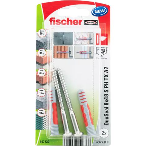 2 chevilles étanche DUOSEAL Ø8 x 48 mm SA2 + 2 vis d'étanchéité à tête cylindrique Ø6 x 70 A2 - Fischer