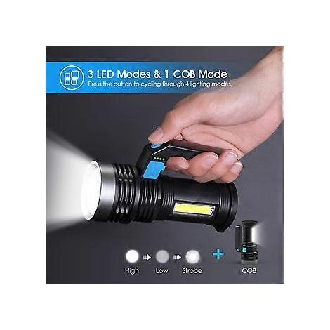 Wiederaufladbare USB-Taschenlampe, tragbare, leistungsstarke LED-Taschenlampe mit 4 Leuchtmodi, COB-Arbeitsleuchte und Griff, wasserdicht nach IP65, ideal für Camping, Outdoor-Aktivitäten und Wandern.