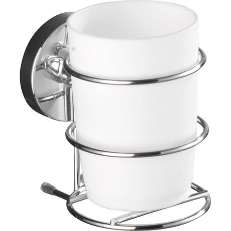 WENKO Portaspazzolino Milazzo, bicchiere da bagno a muro, fissaggio Vacuum-Loc® senza foratura, riposizionabile senza lasciare tracce, acciaio - plastica, 9.5x11.5x7.5 cm, bianco - lucido