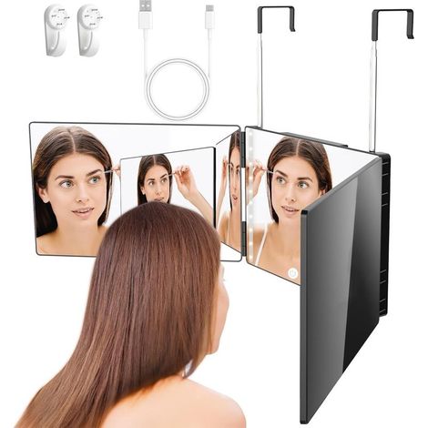 Miroir 360 Coiffure, Miroir Coiffure Homme, Miroir 3 Voies, Coupe-Selfie à 360 Degrés, avec Crochets, Hauteur Réglable, Coiffure Miroir pour Rasage, Maquillage (1/5)