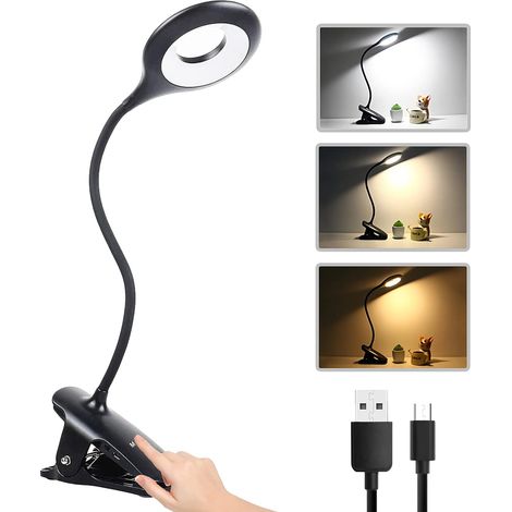 Lampe de Bureau LED sans Fil Rechargeable, 3 Couleur et 3 Intensité Variable, Lampe Pince pour Lit, Lampe de Chevet Tactile pour Enfant, Noir [Classe énergétique A] (1/5)