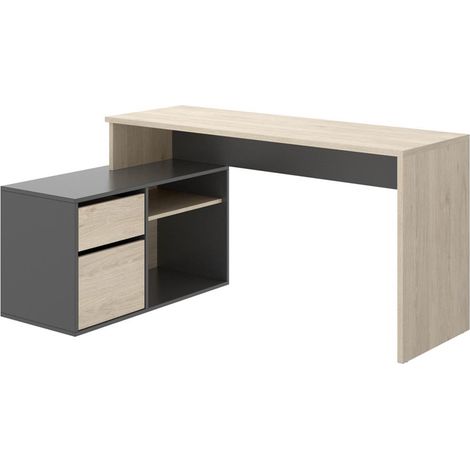 Pegane – Bureau d'angle en panneau mélaminé naturel/graphite – Longueur 139 cm, profondeur 92 cm, hauteur 75 cm – Charnières métalliques et crampons anti-bruit (1/5)