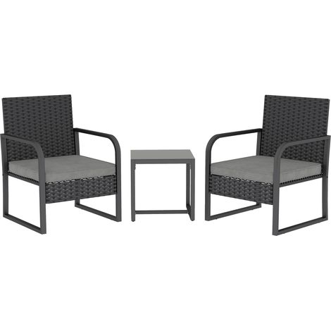 Polyrattan Gartenmöbel Set Balkonmöbel mit 2 Sessel inkl Kissen und Gartentisch mit Glasplatte Schwarz