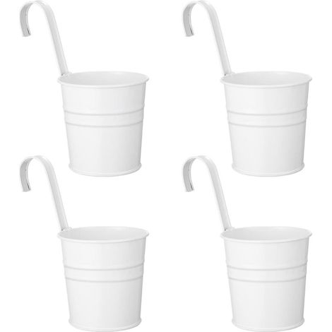 Lot de 4 pots de fleurs suspendus style shabby - En métal - Avec crochet - Extérieur, balcon, jardin - Blanc (1/5)