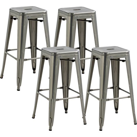 Lot de 4 tabourets de bar métalliques argentés, empilables, hauteur d'assise 76 cm, design industriel (1/5)