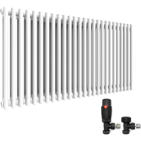 ELEGANT White 600 x 1164 mm Traditional Radiator Cast Iron Style Horizontal Radiator White Double Horizontal Column Radiators and Anthracite Thermostatic Radiator Valves (1/5)