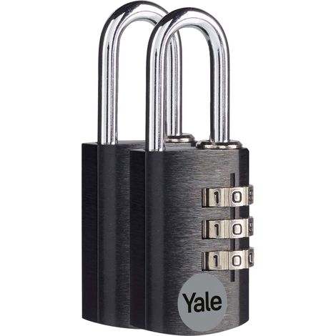 Yale Lucchetto a combinazione in alluminio YE3CB/20/121/2/CO, 20 mm, con staffa in acciaio, 3 cifre, set da 2 pezzi (1/5)