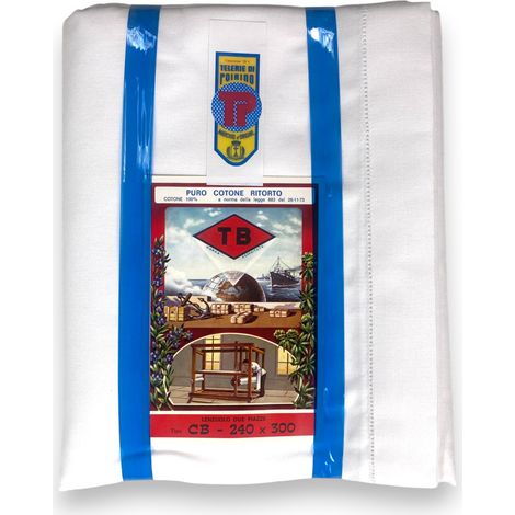 Lenzuolo sopra in cotone ritorto Tb Poirino, orlo a giorno ricamato, tessuto spesso - 3 misure - made in italy Cm. 240x300