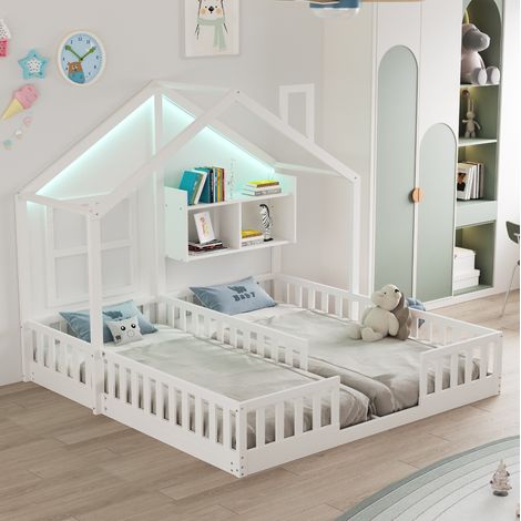 Letto a castello per bambini 90x200 cm con LED e vano contenitore, in legno, bianco (1/5)