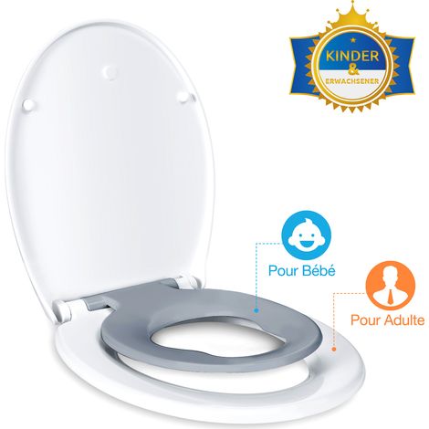 Abattant WC Familial, Lunette de Toilette avec Siège Enfant Magnétique, Frein de Chute et Charnière Réglable, Abattant WC en Polyéthylène pour Adultes et Enfants (Gris)
