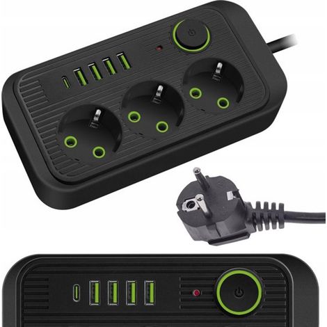 Multiprise avec fonction de charge rapide - Rallonge de 2 mètres, 3 prises, 5 ports USB (dont 1 port USB-C) - Filtre réseau intégré pour une charge sécurisée - Noir (1/5)