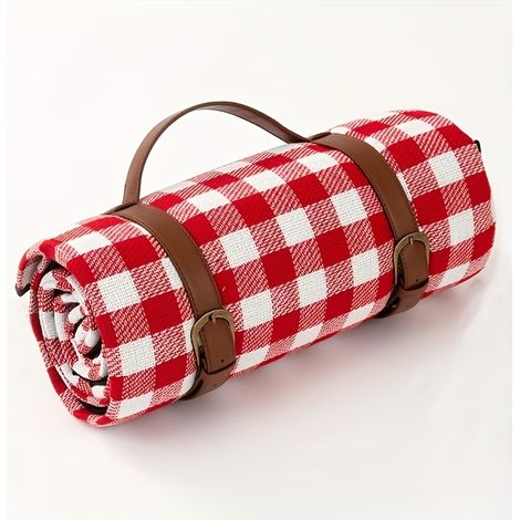 Grand tapis de pique-nique portable, motif à carreaux rouge et blanc, résistant au sable, avec sangles de transport en PU pour la plage, le gazon, le camping et les voyages (1/4)