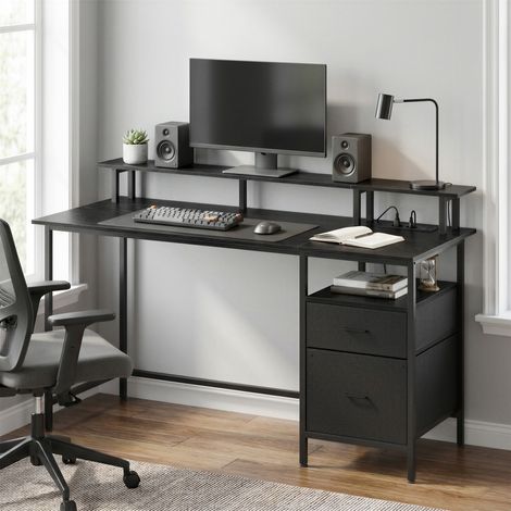 Vasagle – Bureau gamer noir 140 x 60 cm – Support d’écran ergonomique – Tiroirs en tissu pour rangement – Prises USB intégrées