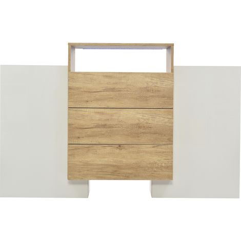 Buffet Meuble de Rangement Salon avec LED 3 Tiroirs 2 Portes MDF Blanc Brillant et Bois 140 cm (1/5)