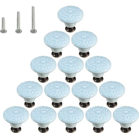 Lot de 15 poignées de commode en céramique brillante style champignon avec 3 vis de montage, bleu ciel (1/5)