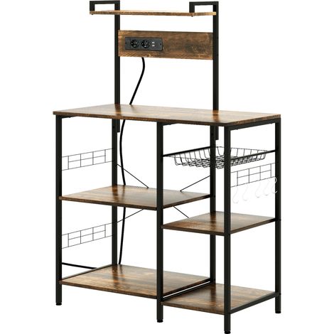 Scaffale Cucina con Multopresa 90x42x130 cm in Legno e Acciaio Marrone Rustico (1/5)