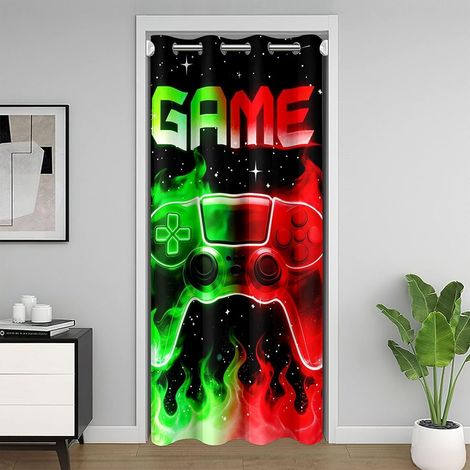 Rideau de porte avec manette de jeu - 132 x 203 cm - Moderne - Vert et rouge - Pour garçons et filles - Ciel étoilé scintillant - Pour séparation de pièce - 132L X 203H cm (1 Panneaux) (1/5)