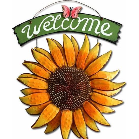 Pancarte vintage en métal papillon tournesol bienvenue décoration porte d'entrée extérieure couronne décorative pour porche bar (1/5)