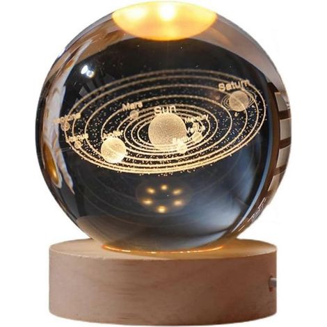 Veilleuse boule de cristal, planète du système solaire 3D de 60 mm avec base ronde en bois pour la décoration intérieure et l'éclairage nocturne