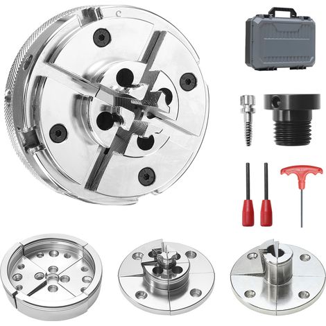 Mophorn 4-Zoll-Drechselfutter mit 1-Zoll x 8TPI-Gewinde & Adapter, 5-teiliges Spannbacken-Set (Stufen/Rund/Stift), vernickelte Oberfläche und Transportkoffer für Holzdrehmaschinen (1/5)