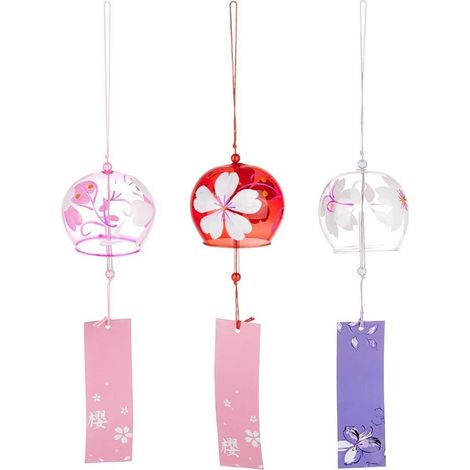 Japanisches Glas-Windspiel Kirschblüte 3er Set mit Segensanhänger