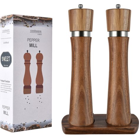 Lot de 2 moulins – Moulin à poivre en bois – Épaisseur réglable – Noyau en céramique – Bois naturel (1/5)