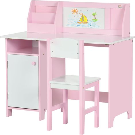 Kindertisch und Stuhl für Kinder ab 5 Jahren aus weißem und rosafarbenem Holz mit Schreibtisch