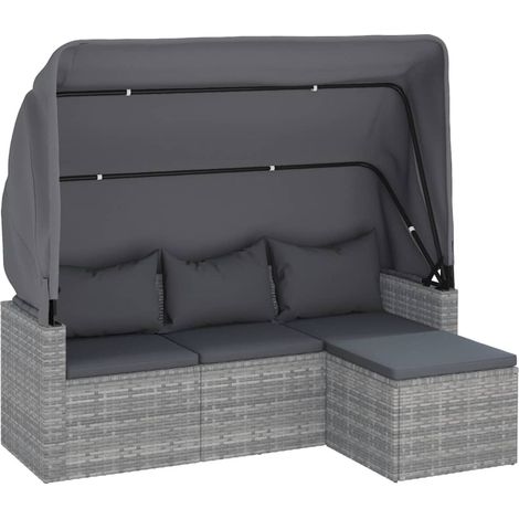 Sofá jardín 3 plazas con toldo y taburete ratán sintético gris vidaXL (1/6)