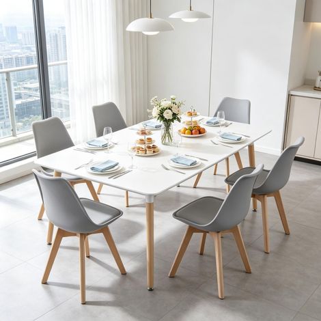 Set di 6 sedie da pranzo moderne - 49 x 42 x 83 cm - sedia per cucina soggiorno ufficio imbottita - sedile in ecopelle e gambe in legno massello stile scandinavo - grigio legno (1/5)