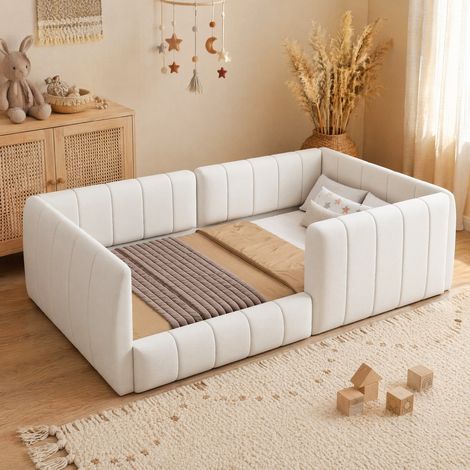 Cama plataforma tapizada 90 x 200 cm con barreras de seguridad, beige (1/5)