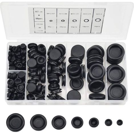 170 Pcs Bouchons en Caoutchouc, 7 Tailles Passe Fils Caoutchouc Bouchon de Trou Avec Boîtier D'organisateur Kit de Joint de Bague de Fil électrique pour Voiture Tuyau D'eau Pompe (1/5)