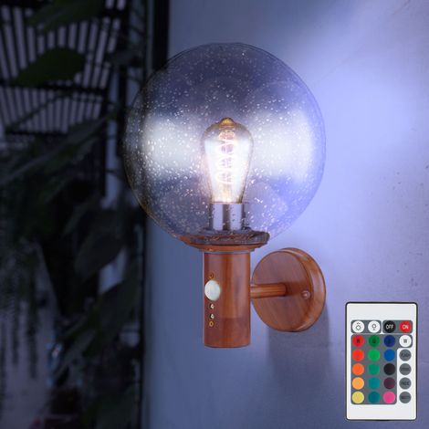 Außenleuchte Wandleuchte mit Bewegungsmelder Gartenleuchte Edelstahl, Fernbedienung dimmbar, Glaskugel Holzoptik, 1x RGB LED 8,5W 806Lm, DxH 25x37 cm