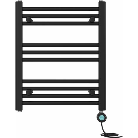 Pre-filled Bathroom Straight Electric Heated Towel Rail Radiator Thermostatic 600x500mm Black