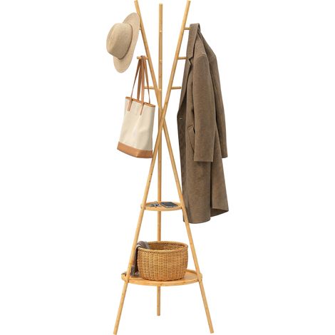 Appendiabiti autoportante in bambù – 2 ripiani e 9 ganci – 58,5 x 58,5 x 176 cm – Naturale