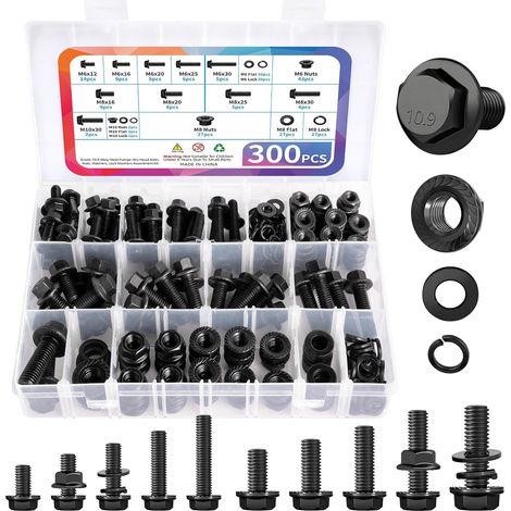 Assortiment de boulons de bride métrique de 300 pièces, Kit de rondelles de boulons et d'écrous de bride hexagonales M6 M8 M10, Acier allié Classe 10.9 Plaqué zinc noir, M6x1.0, M8x1.25, M10x1.5