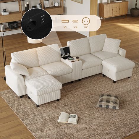 Canapé panoramique en U 315x135x81 cm beige en velours côtelé avec rangements, table d'appoint et ports de charge (1/5)