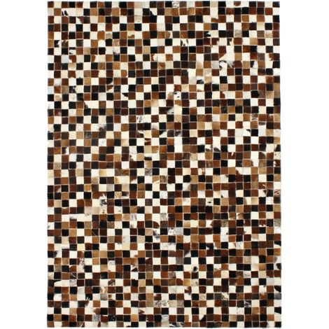 Tapis en cuir recyclé patchwork damier marron 120x170 – Fabrication artisanale – Unique et élégant pour intérieur contemporain – Thedecofactory
