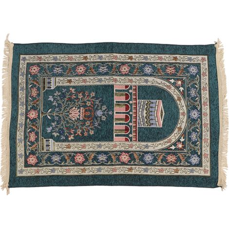 Tapis de prière islamique ethnique pour hommes et femmes, moelleux et élégant, vert foncé, idéal comme cadeau de Ramadan. (1/5)
