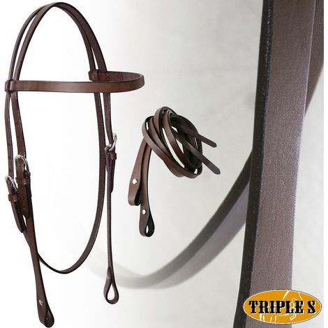MARRONE - Briglia western in cuoio americano liscio completa di redini