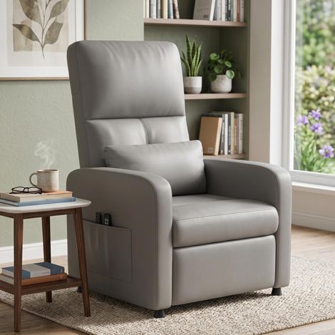 Fauteuil Relax Électrique avec Massage, Chaleur & Repose-Pieds Extensible – Cuir PU, Dossier Haut, USB, Porte-Gobelets – Gris Norme UE (1/5)