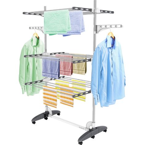 Todeco – Séchoir à linge pliant 3 niveaux – Acier inoxydable – Ailes réglables en hauteur – Support de séchage pour chaussures et vêtements – Gris - 2tendoir (1/5)