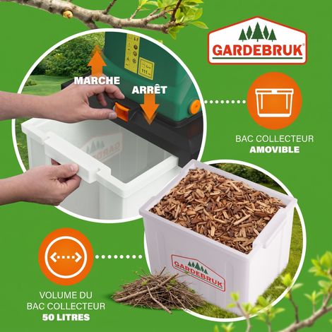 Broyeur de branches vegetaux jardin électrique 3100 W 50 L déchiqueteur jardin branches arbustes 40 mm