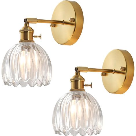 Lot de 2 Applique Murale Fleur Vintage Laiton Doré et Transparent Vert avec Interrupteur Lampe Murale E27 Luminaire Murale pour Salle de Bain Chambre (1/5)